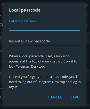 Enable local passcode in Telegram